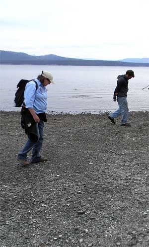 UM graduate student and Yellowstone archeologist Elaine Hale examine the lakeshore for prehistoric artifacts. (Doug MacDonald)