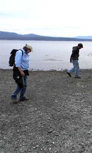 UM graduate student and Yellowstone archeologist Elaine Hale examine the lakeshore for prehistoric artifacts. (Doug MacDonald) UM graduate student and Yellowstone archeologist Elaine Hale examine the lakeshore for prehistoric artifacts. (Doug MacDonald)