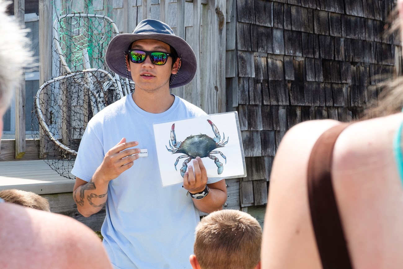 volunteer holding picture of blue crab