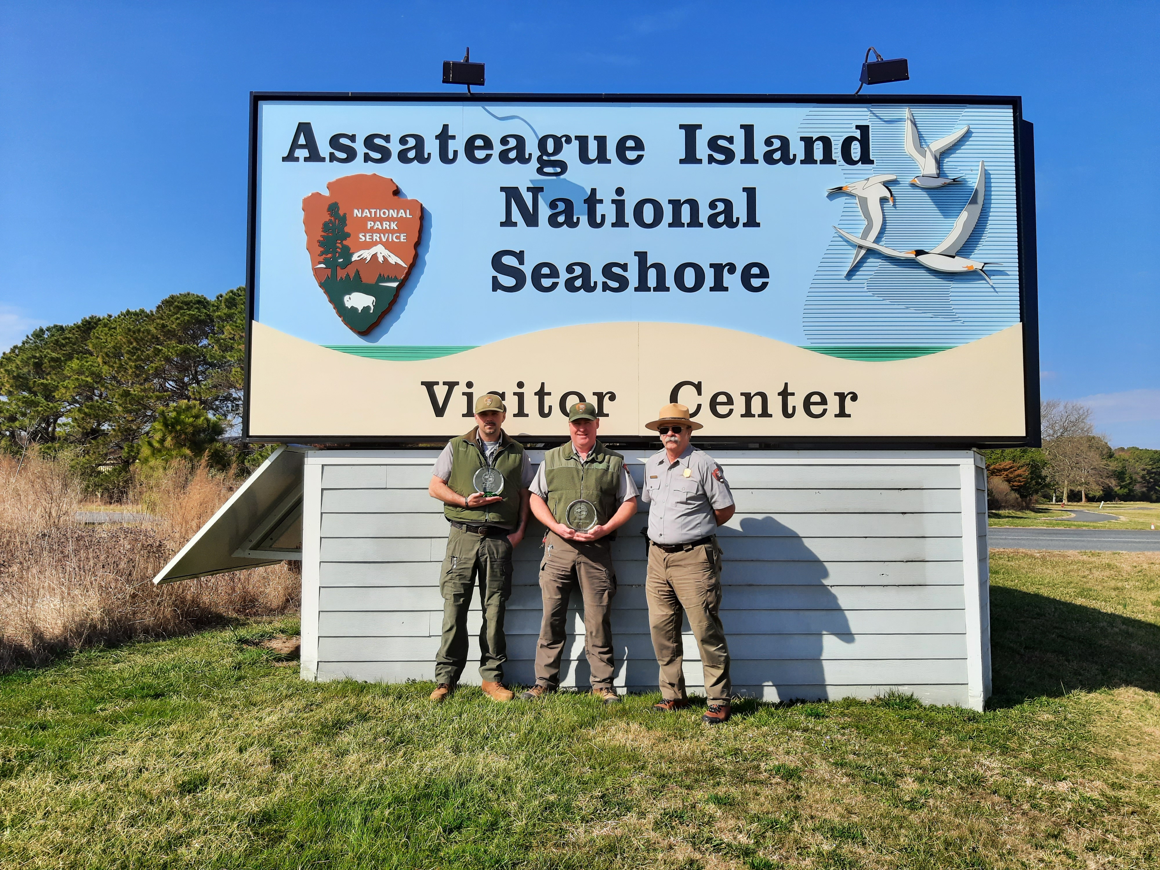 Chris Fitzgerald, 2022 Safety Award winner, Jim Bell, 2022 Superintendent’s Award winner and Hugh Hawthorne, Superintendent, Assateague Island National Seashore.