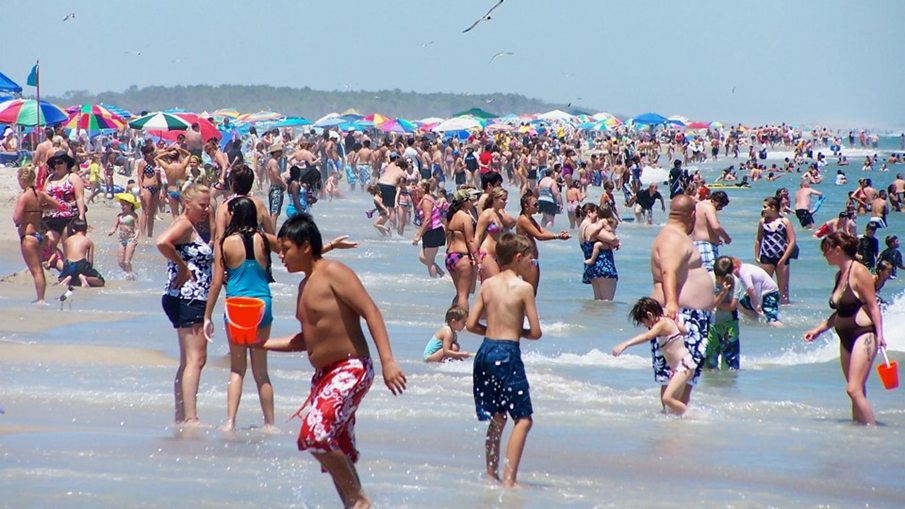 Visitors recreating on a very crowded Assateague beach in the summer