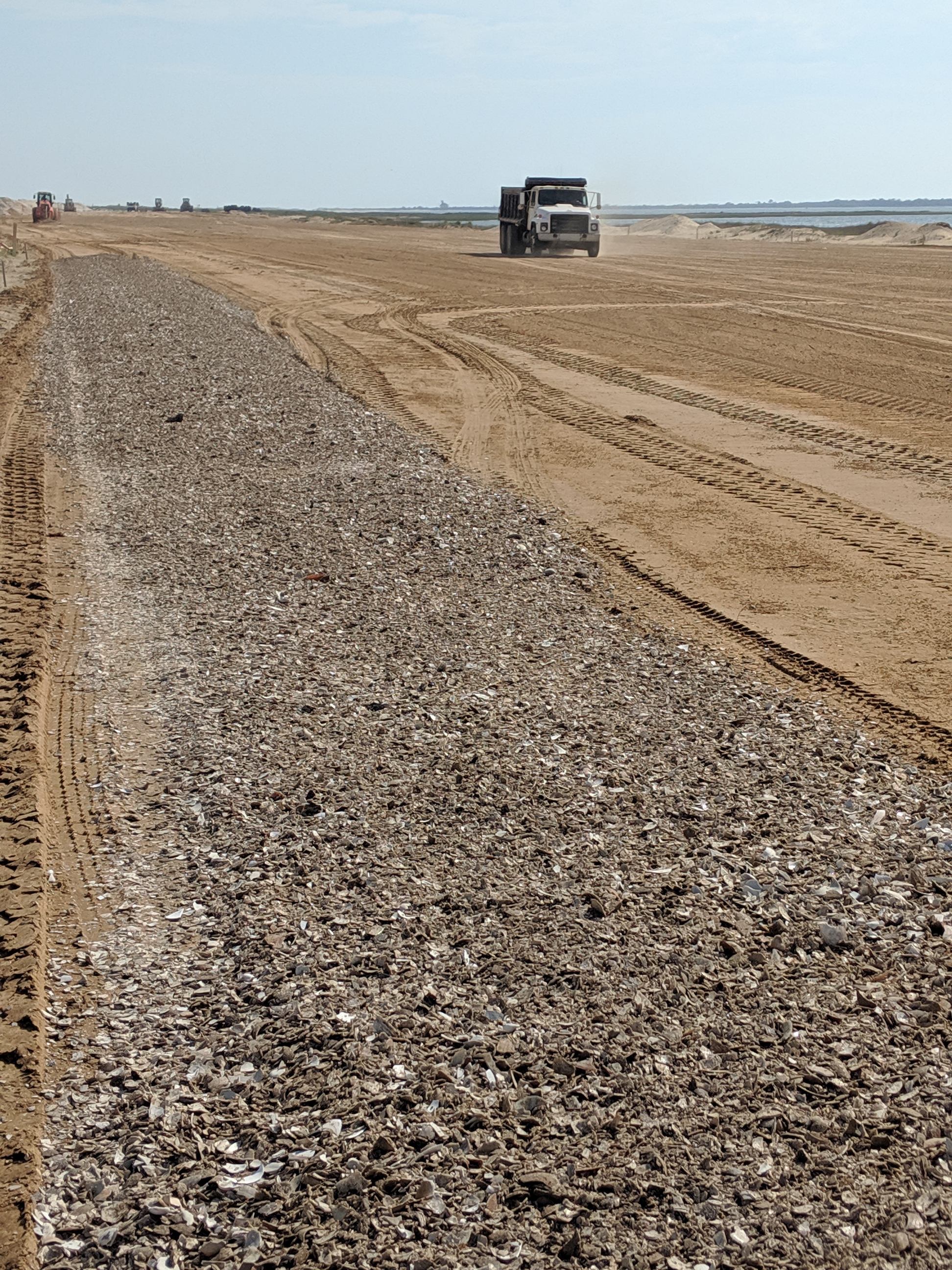Shell parking lot surface goes down on parking lot #2 in the Virginia District of Assateague Island National Seashore.
