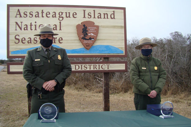 Ranger Logan Tucker and Ranger Kelly Taylor, Assateague Island National Seashore’s 2020 Superintendent’s Award Recipients. Ranger Logan Tucker and Ranger Kelly Taylor, Assateague Island National Seashore’s 2020 Superintendent’s Award Recipients.