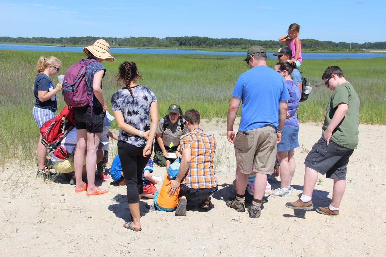 A ranger kneeling in the sand, talking with visitors about tracks left behind in the sand.