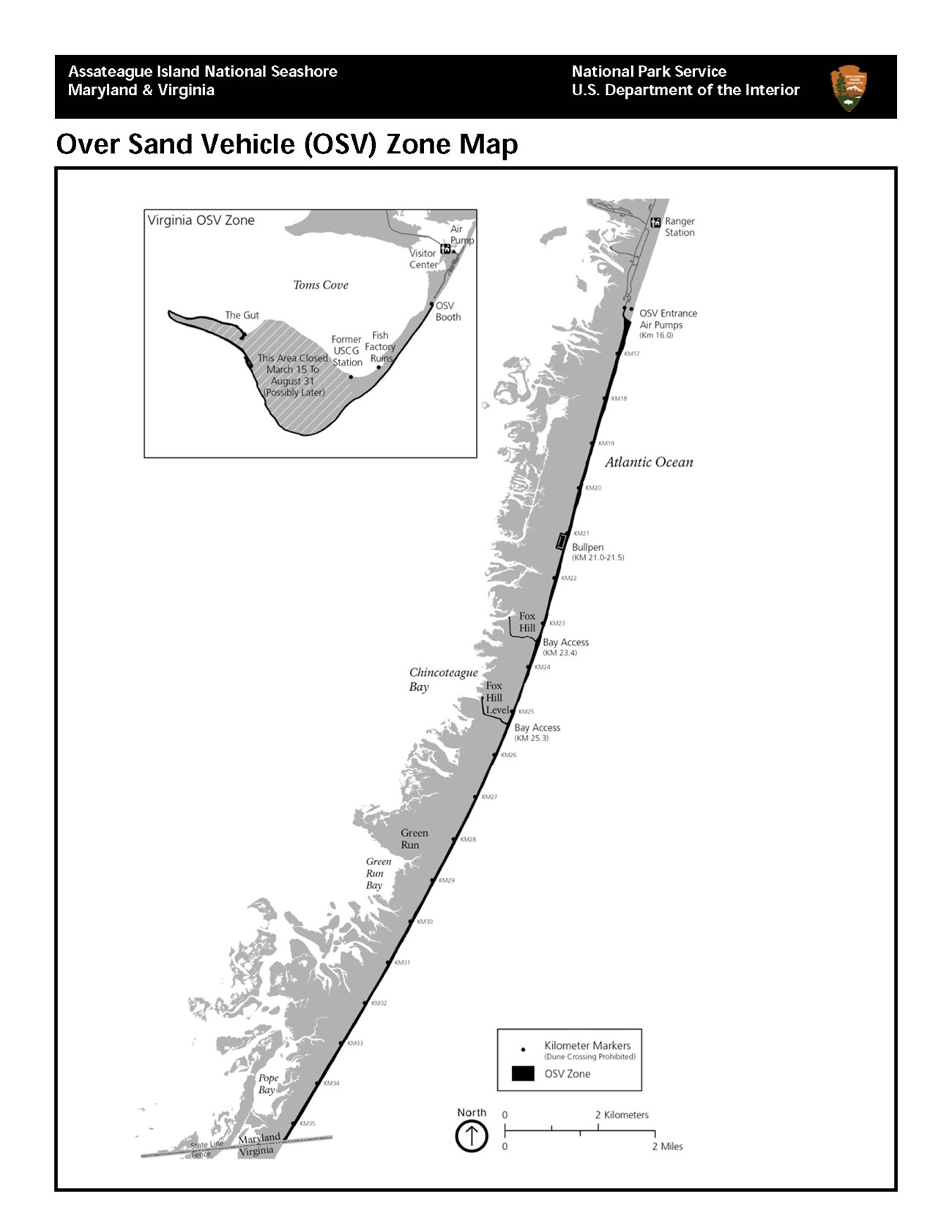 Map showing Over Sand Vehicle Zones (OSV) in Maryland and Virginia