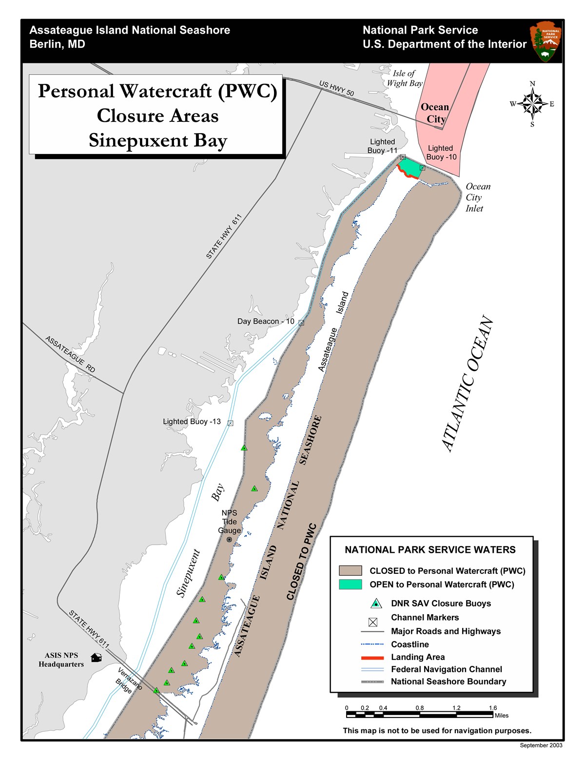 map of Personal Watercraft (PWC) closures and access areas in the Maryland District