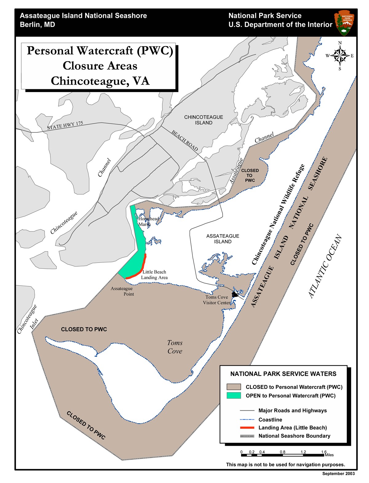 map of Personal Watercraft (PWC) closures and access areas in the Virginia District