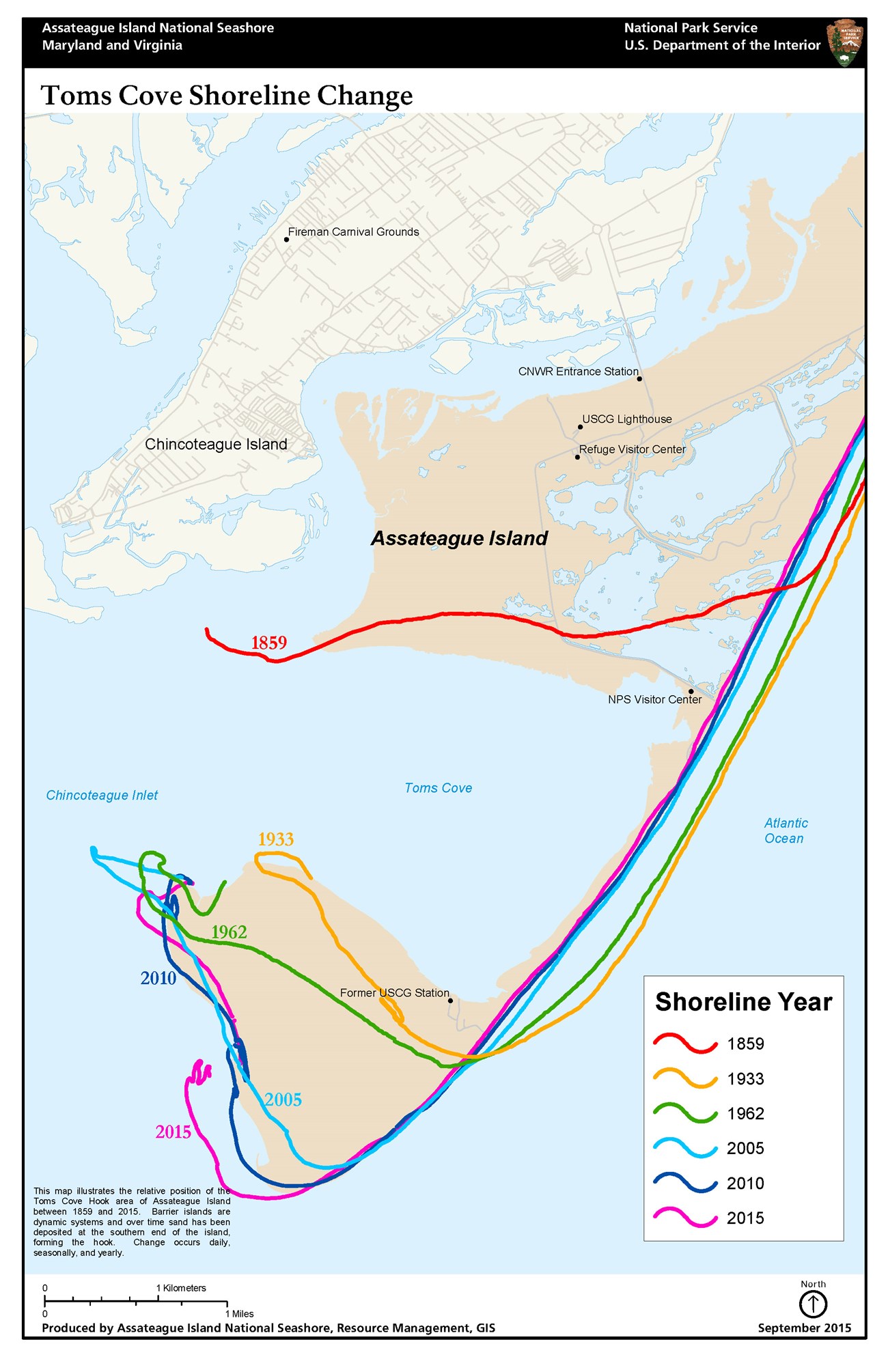 map showing shoreline changes to Toms Cove hook from 1859-2015