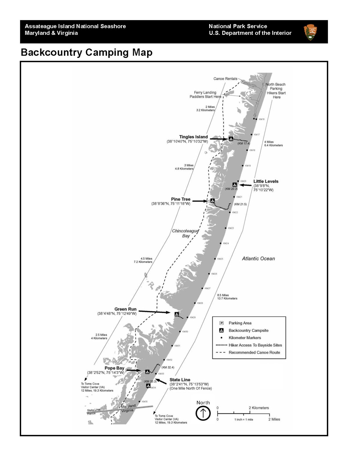 map showing the backcountry camping sites in the Maryland District
