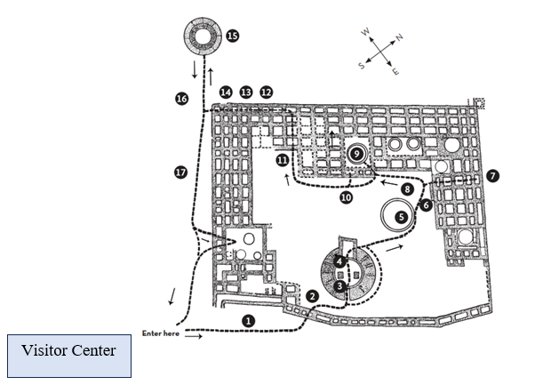 A map showing an aerial view of a square structure and the corresponding trail through it.