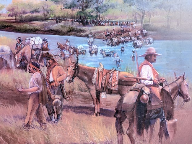 Armijo's group crossing the Animas, as drawn by Caryn Lazzuri.