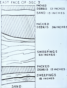 An illustration by Florence Ellis showing layers of dirt, debris, and sand layered on top of one another.