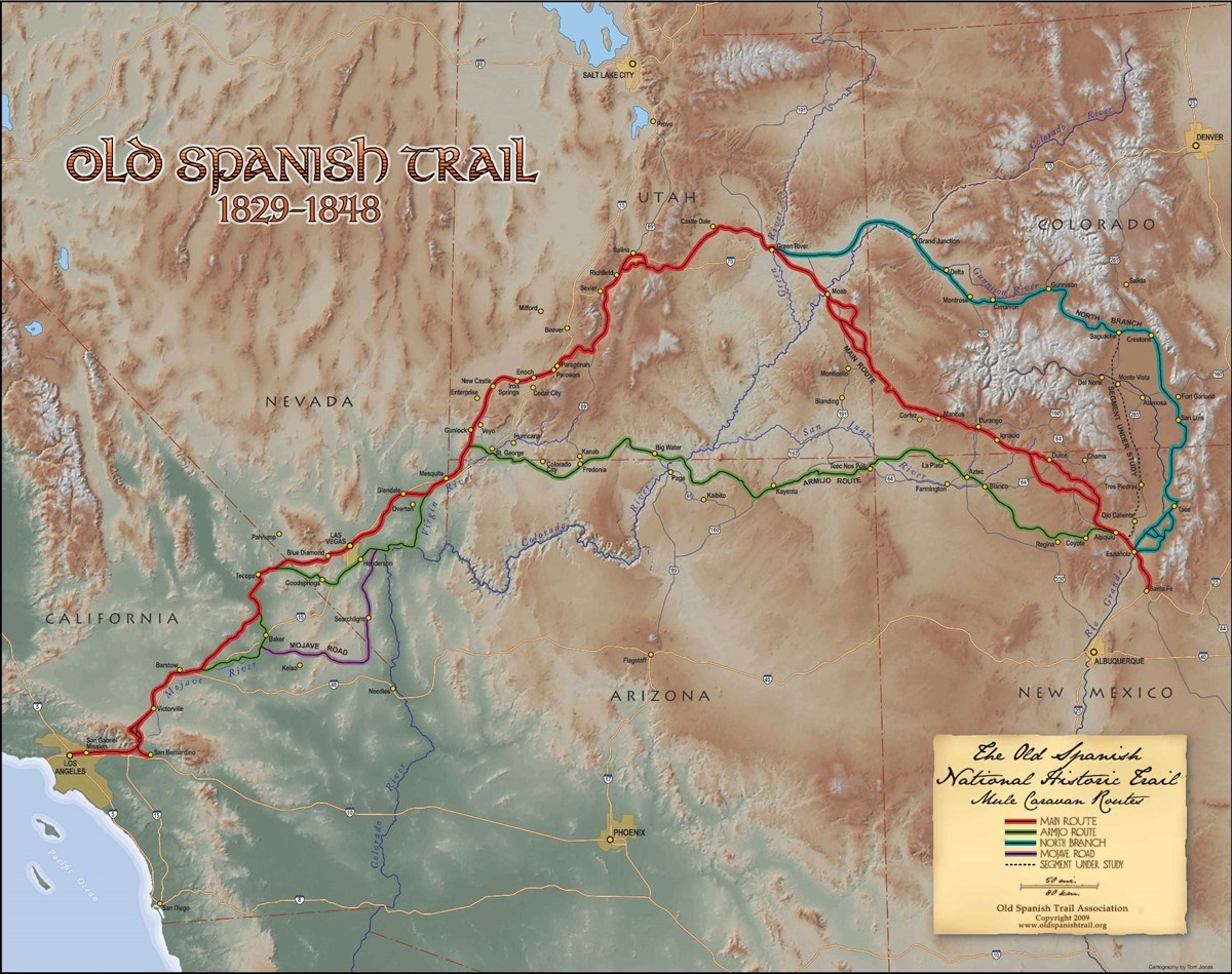 A map showing the different routes that comprise the Old Spanish Trail system.