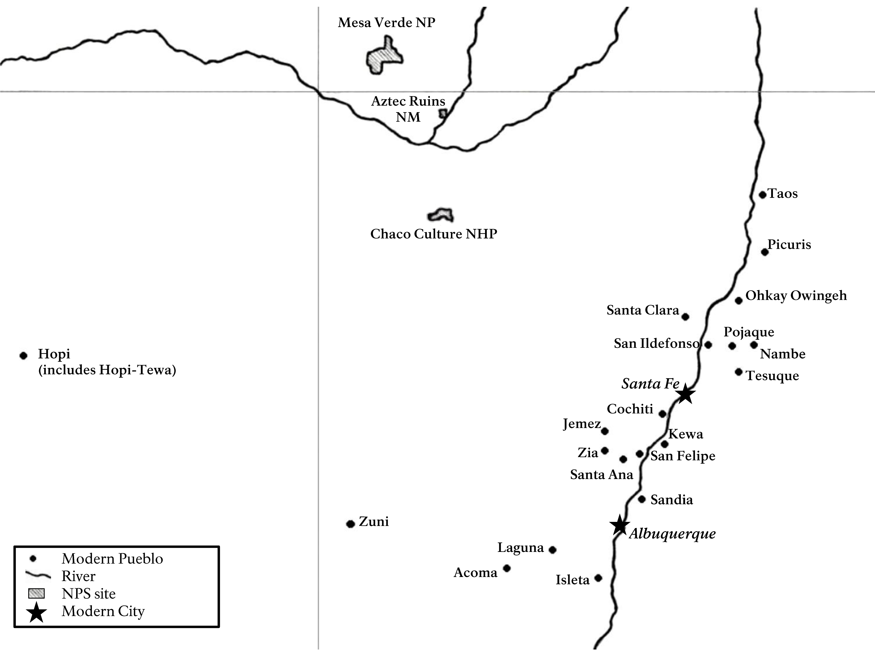 A map showing where the modern Pueblo peoples live.
