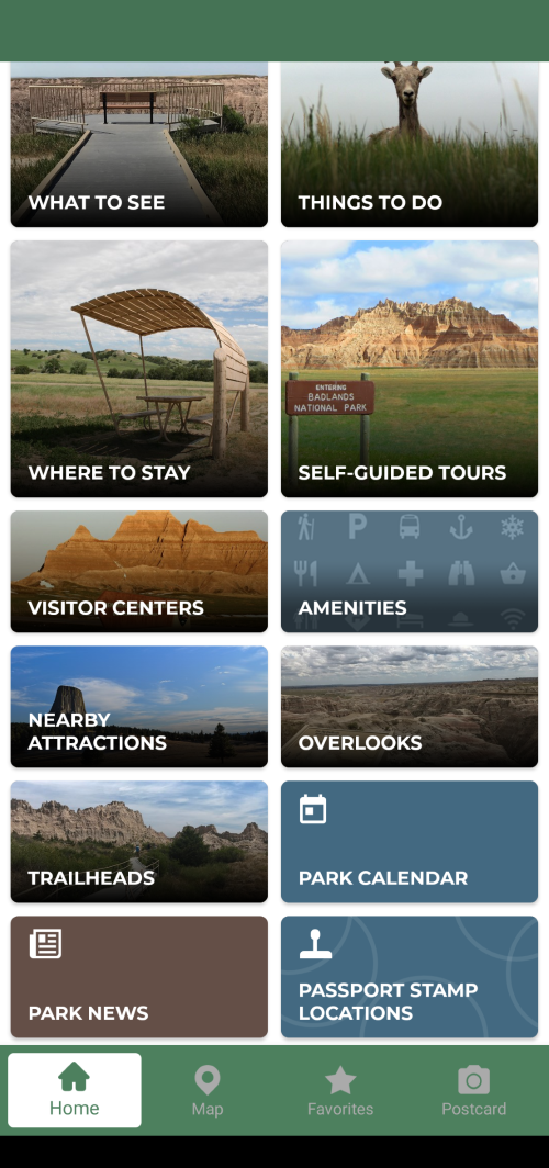 App Homepage screen shot for Badlands.  Shows various tiles with photos of the park.  Items to select are What to See, Things to Do, Where to Stay, Self-Guided Tours, Visitor Centers, Amenities