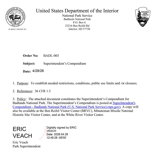 Header Page of Superintendent's Compendium with Superintendent Eric Veach's digital signature. Approval date 4-28-2026.