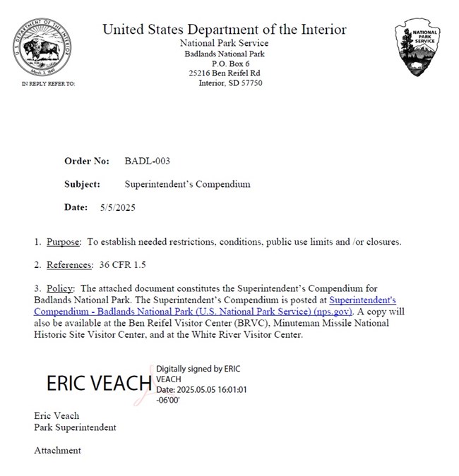 Header Page of Superintendent's Compendium with Superintendent Eric Veach's digital signature. Approval date 05-05-2025