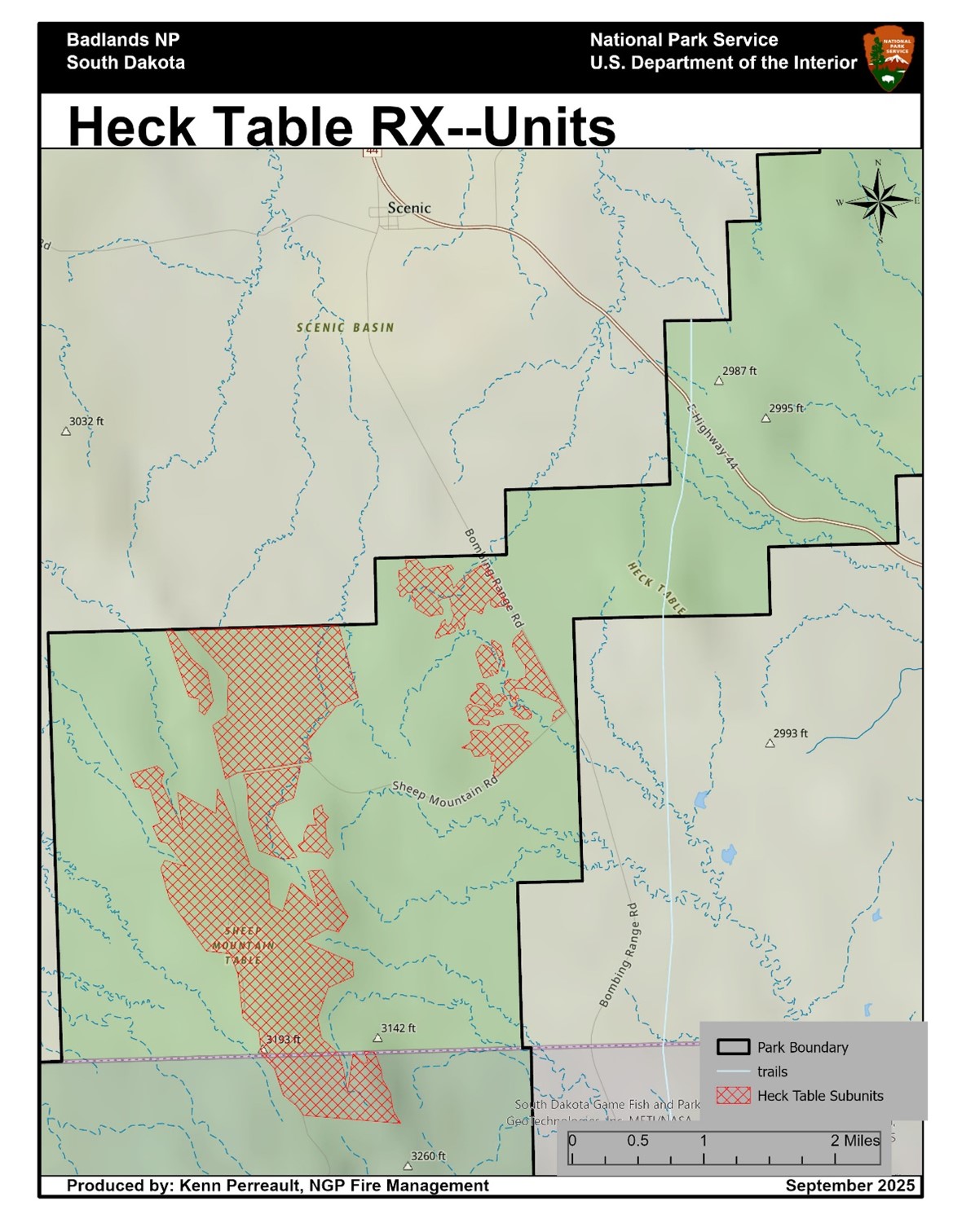 Map of Badlands National Park with a green background showing area of the proposed prescribed fire outlined in red.