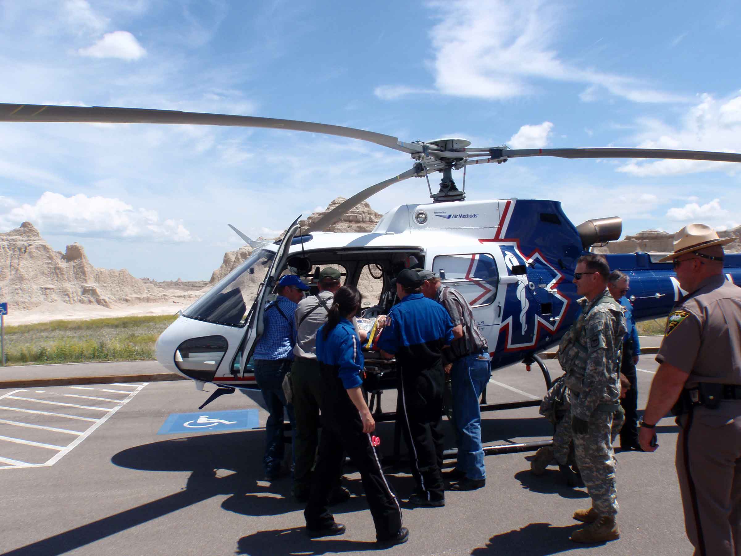 Black Hills Life Flight helicopter evacuating injured hiker to Rapid City Regional Medical Center.