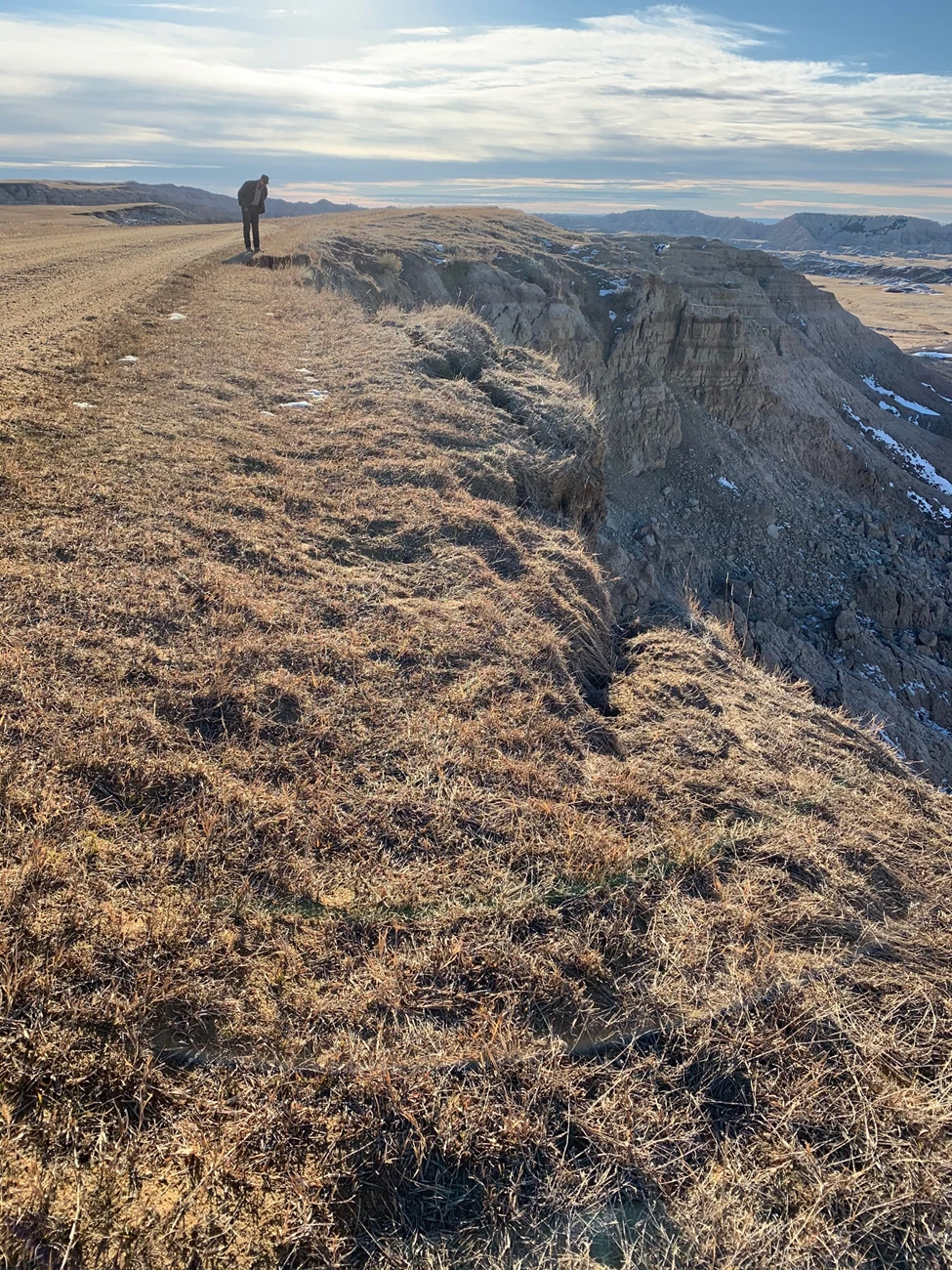 landslide at Sage Creek Rim Road Park Ranger standing at the edge of a dirt road. The shoulder of the road has eroded away and fallen down the cliff. Cracks are forming in the soil in the foregroud.