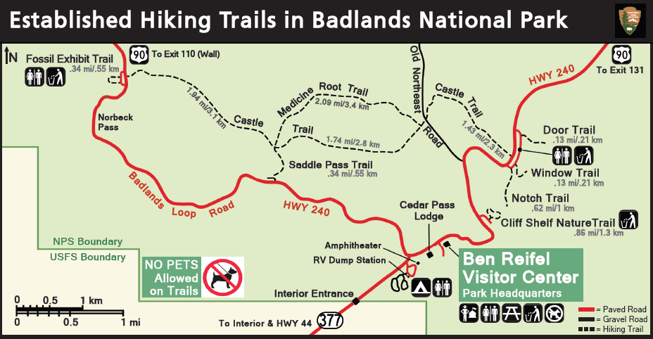 Badlands National Park SD hiking trails map along Hwy 240 (Badlands Loop Road). Near Ben Reifel Visitor Center: Door, Window, Notch, Cliff Shelf trails. West: Saddle Pass, Medicine Root, Castle. NW: Fossil Exhibit. No pets on trails.