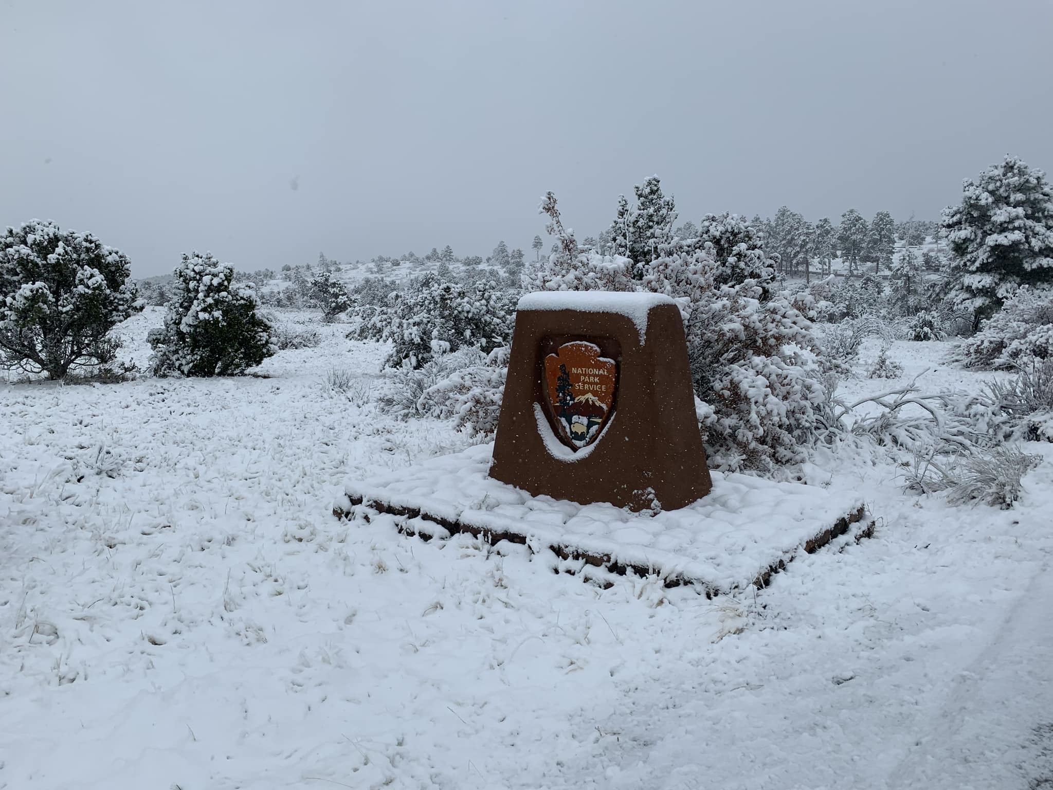 Bandelier will open at 12 noon on Sunday, March 17, 2024. An orange and green arrowhead sign surrounded by a winter landscape.