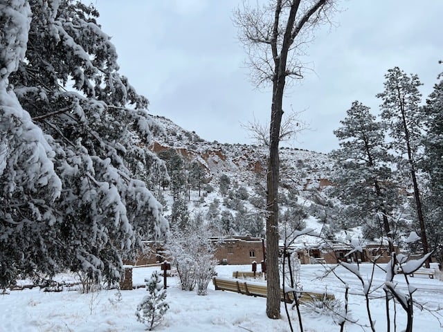 Snow covers the historic Civilian Conservation Corps buildings in Frijoles Canyon. They are surrounded by trees also covered in snow. Snow covers the historic Civilian Conservation Corps buildings in Frijoles Canyon. They are surrounded by trees also covered in snow.