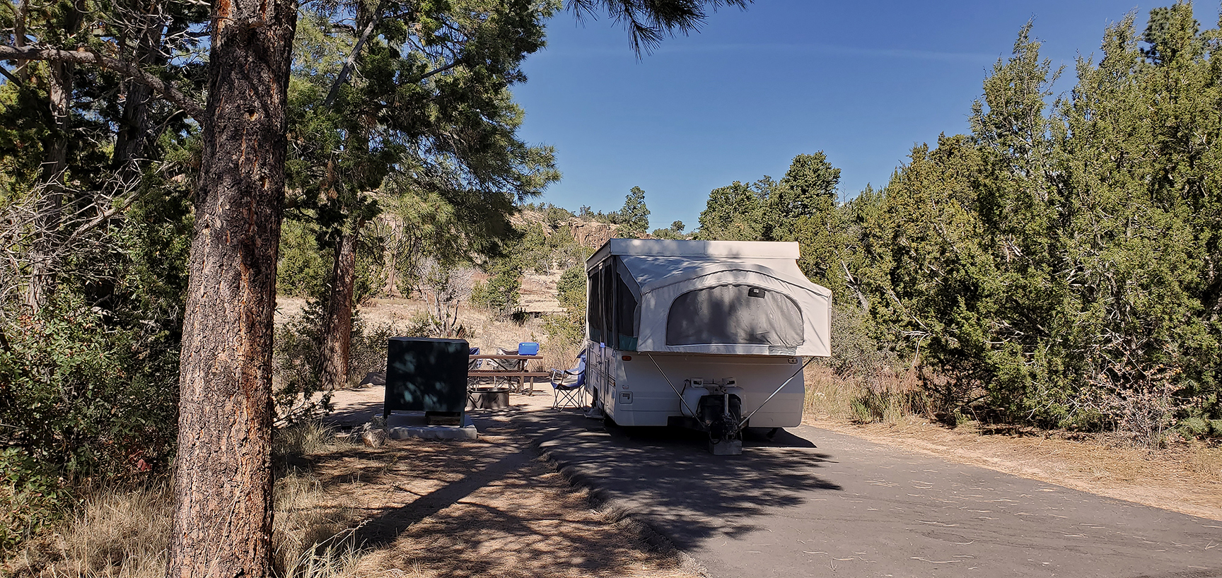 a white trailer sits amongst green trees