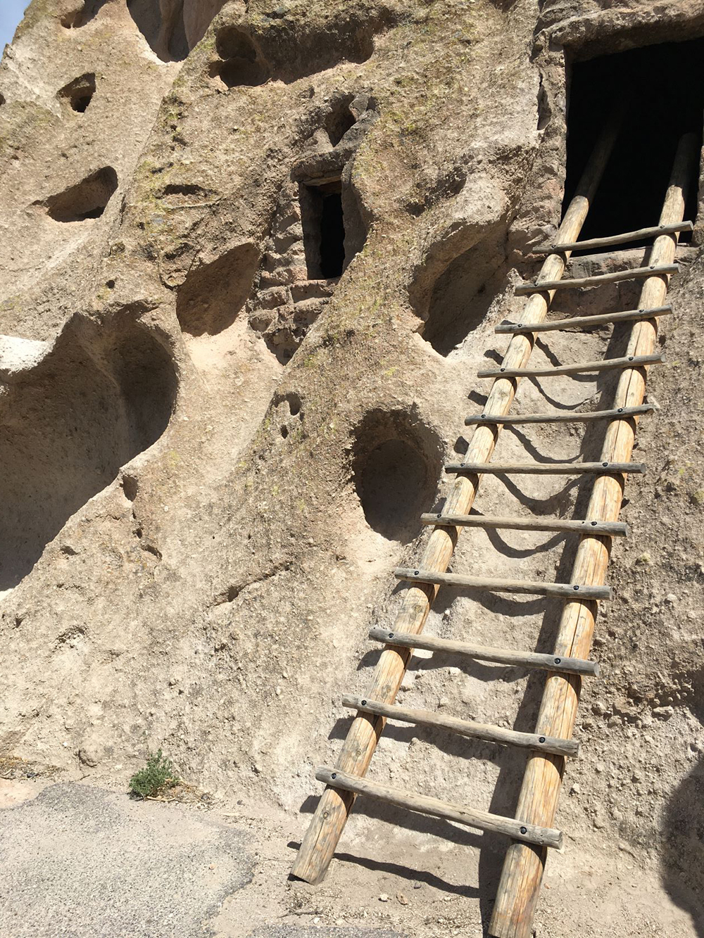 a wooden ladder leans against an opening in a stone wall