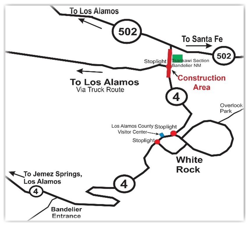 a map showing roads, location of tsankawi, and location of construction