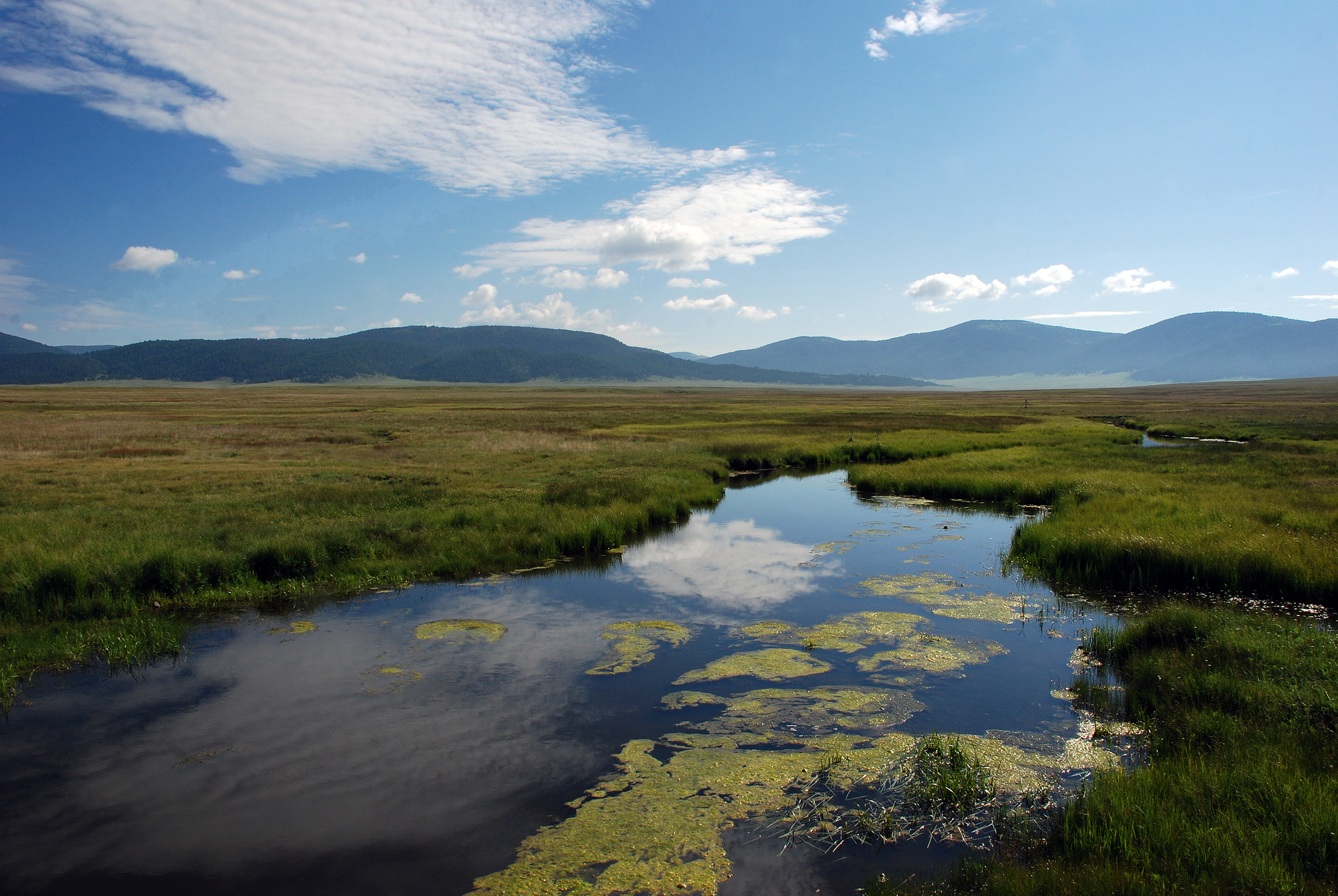 valles reflectionb a wide green valley surrounded by mountains, a small body of water cuts through the middle, the sky and clouds are reflected