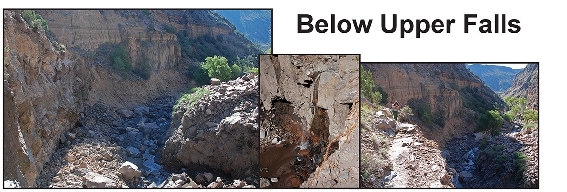 a set of images showing a rough rocky canyon