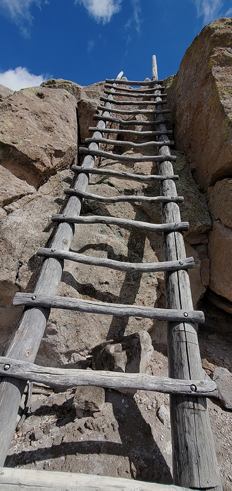 a wooden ladder leans against reddish rocks