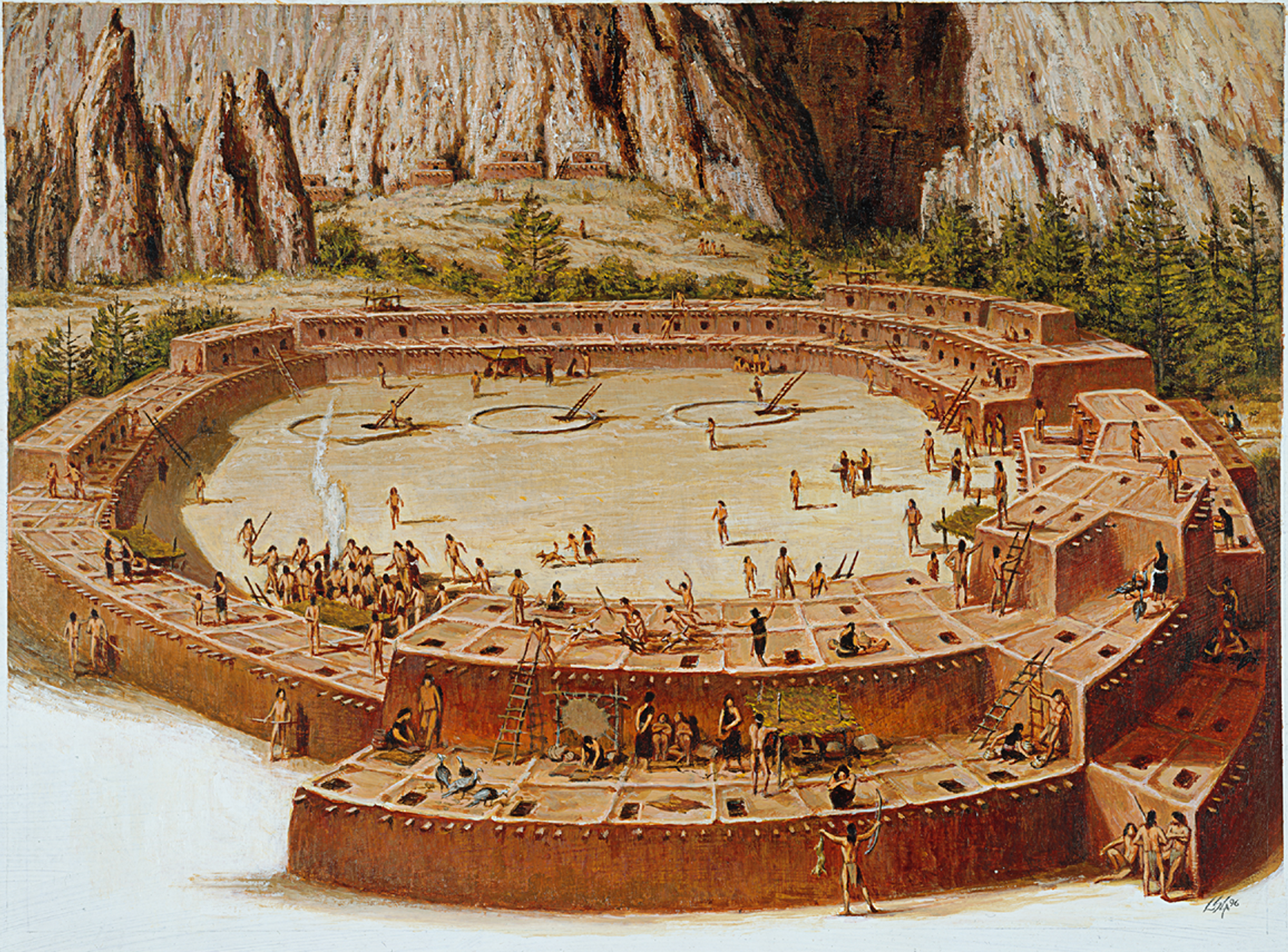 a sketch showing an Ancestral Pueblo village teaming with life