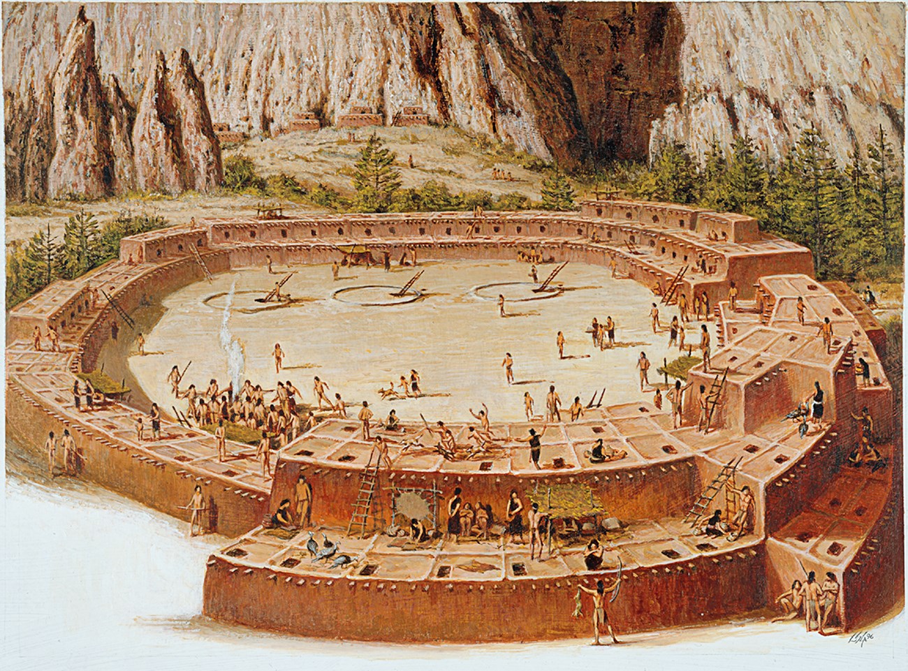 a sketch showing an Ancestral Pueblo village teaming with life