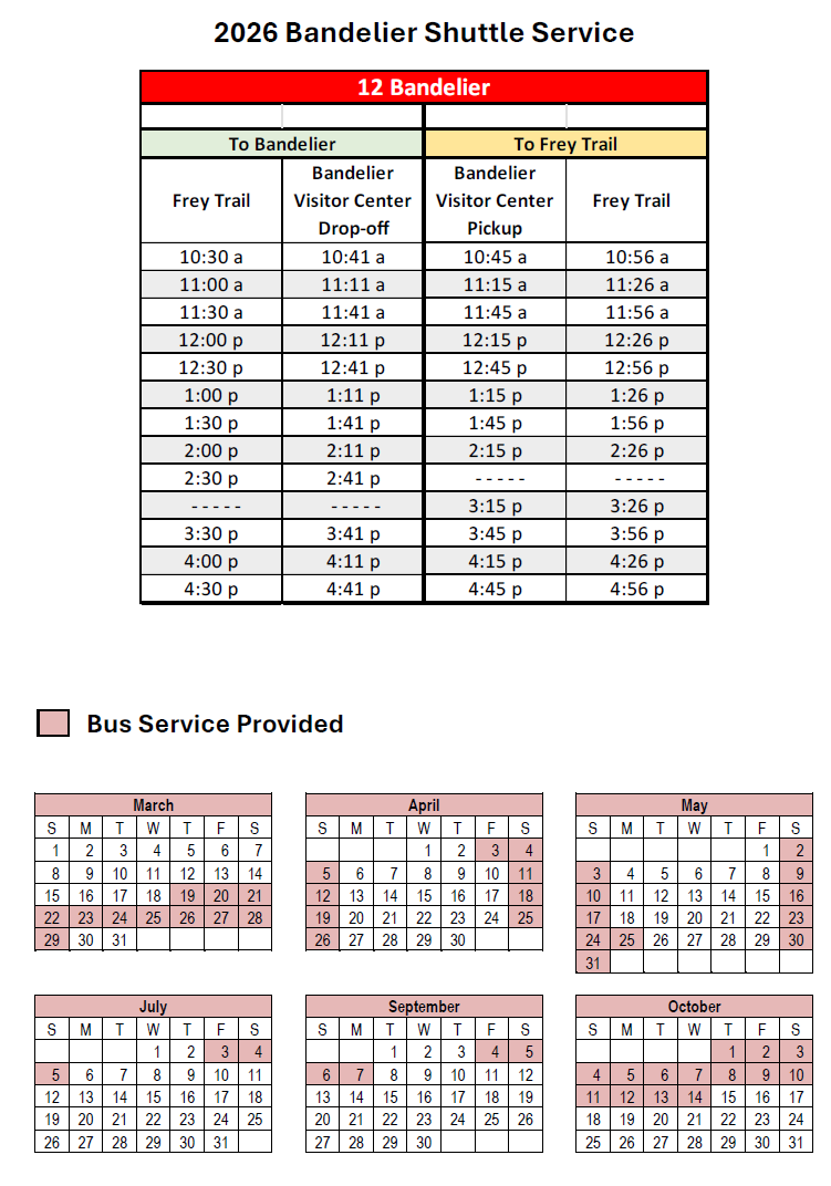 An image of the 2026 shuttle schedule with maps and operational days.