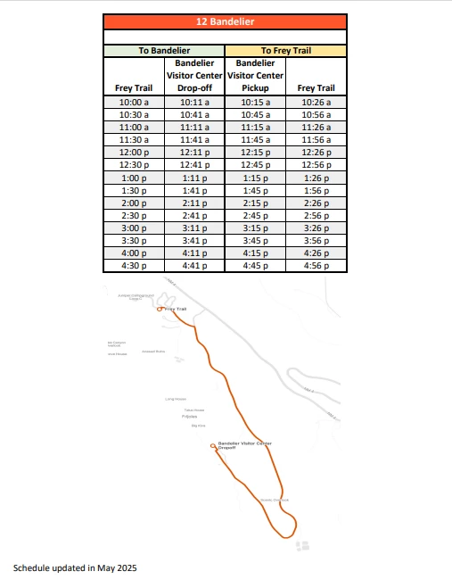 Bandelier's 2025 Shuttle Schedule Text describing Bandelier's shuttle service that runs every 10 minutes beginning at 10 am at the Frey Trail Parking Lot.