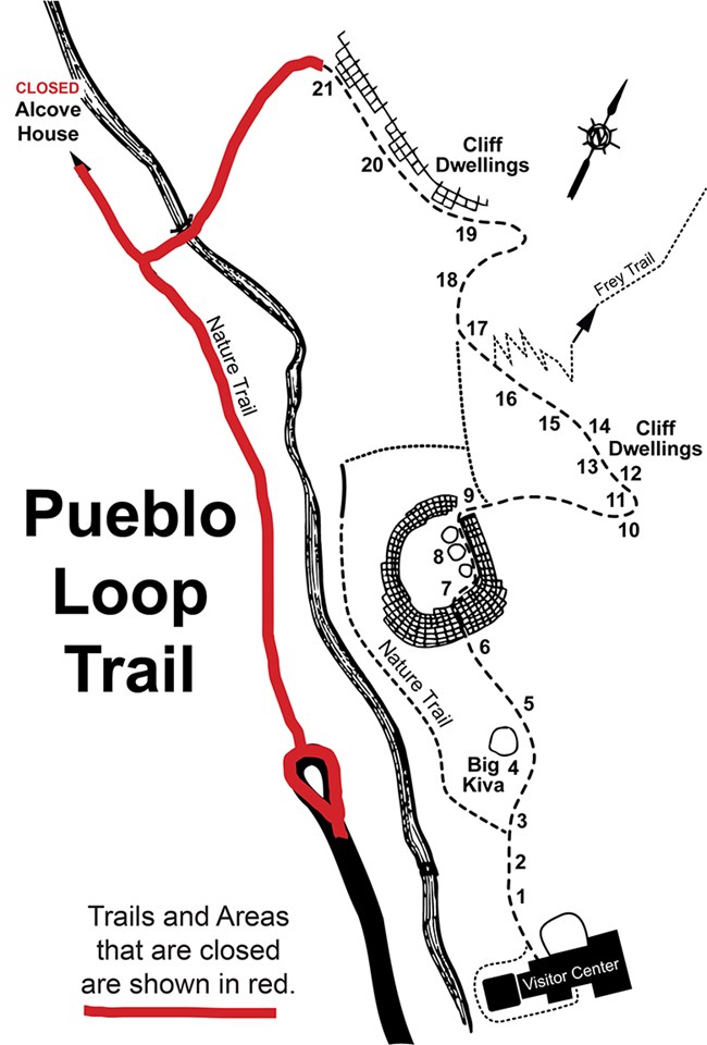 a map with a red line showing closed trails and areas