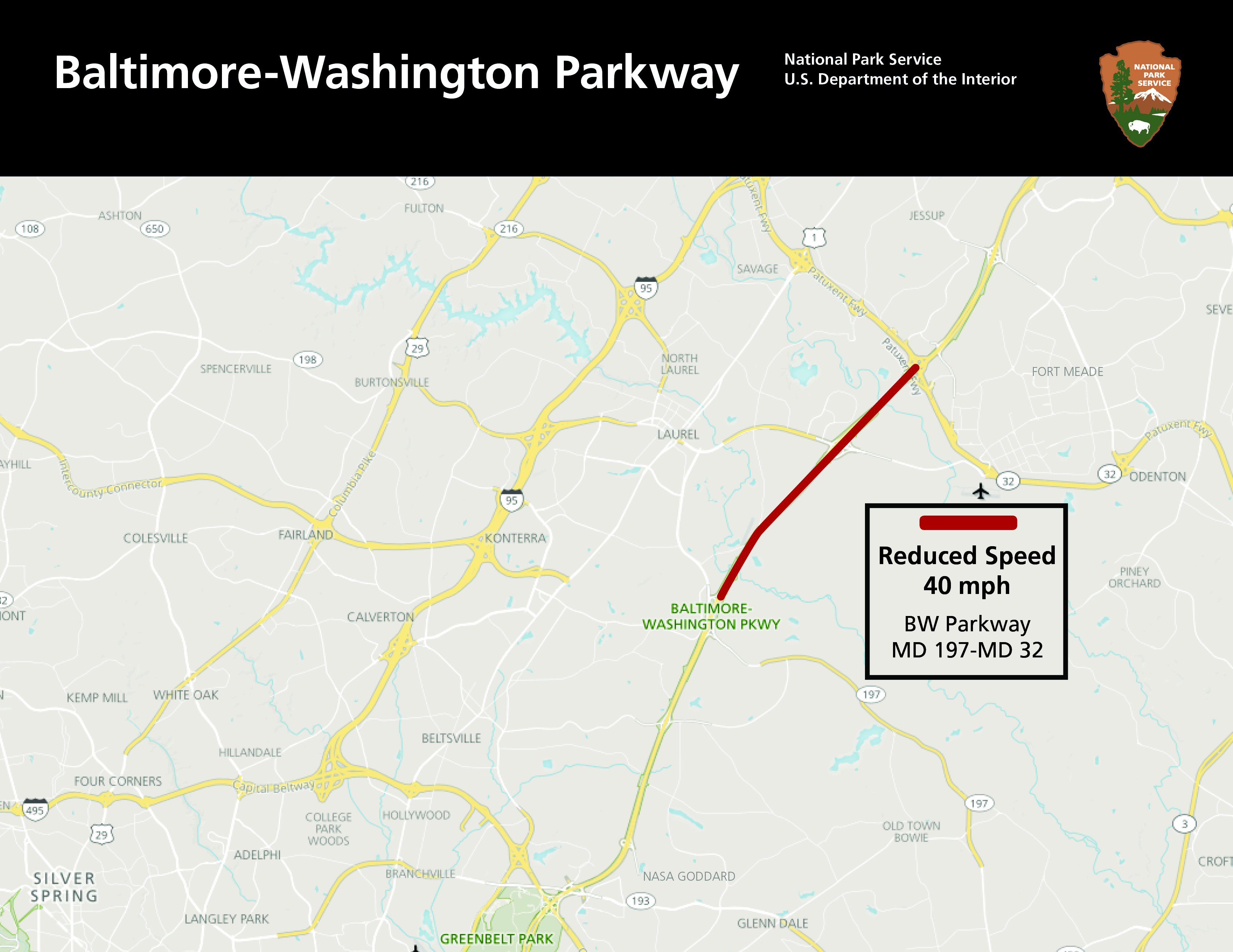 Map of Baltimore-Washington Parkway northeast of Washington, DC showing area with reduced speed limit between MD 32 and MD 197.