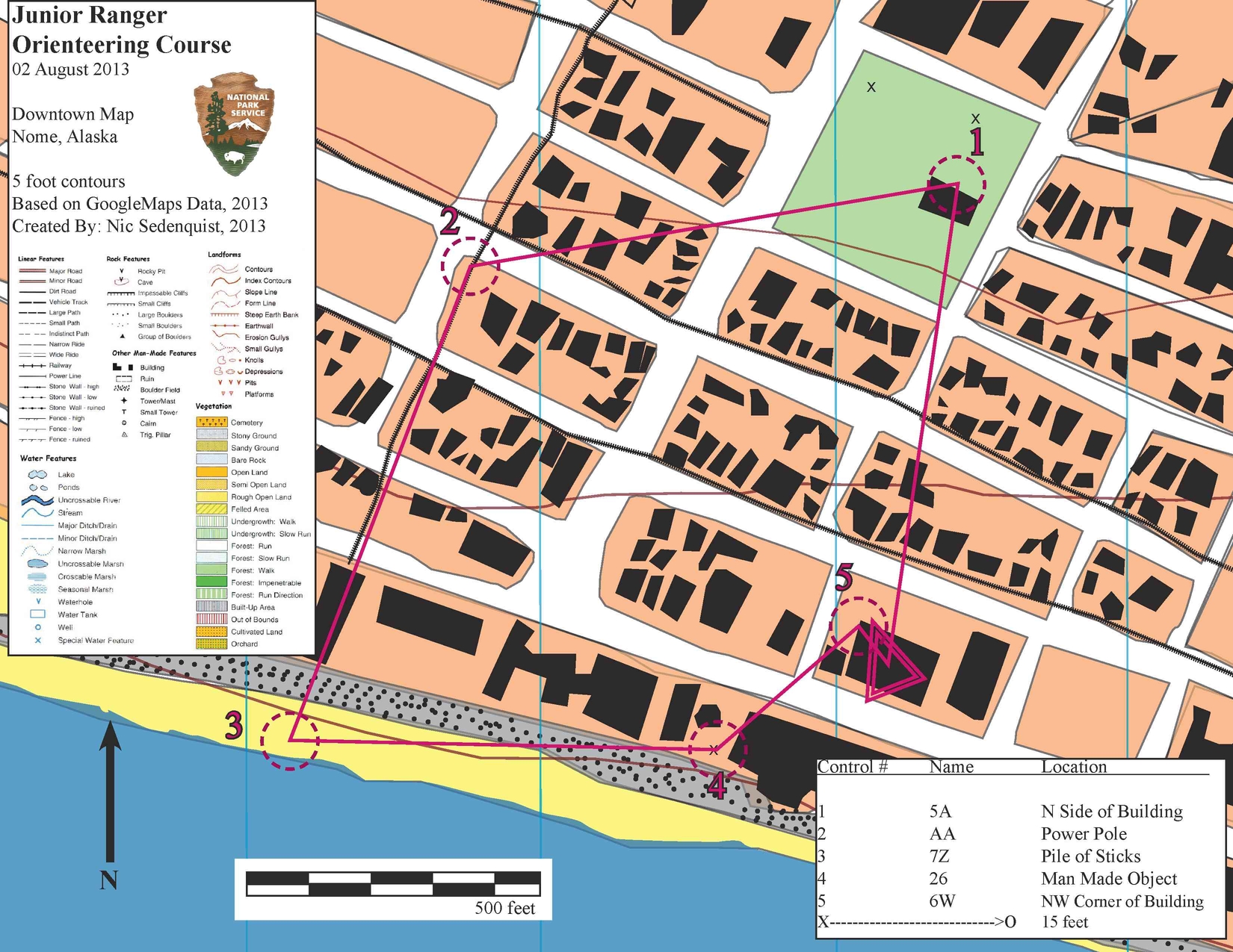 A multicolored orienteering map of downtown Nome created for a Junior Ranger activity