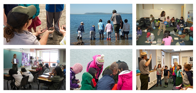 A collage of photos depicting park rangers in a variety of places teaching children A collage of photos depicting park rangers in a variety of places teaching children