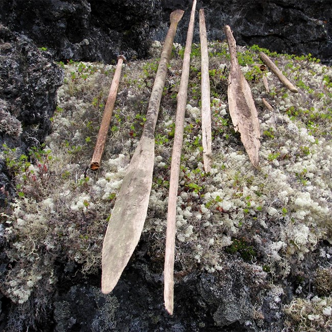 Several wooden tools lie on a rocky surface.