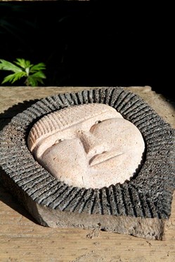 A traditional bone carving of a face, sitting on a sun-lit piece of wood with a small plant in the back, against a black background.