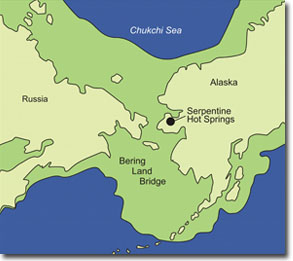 A blue and green map of the ancient land bridge, with the location of Serpentine Hot Springs marked A blue and green map of the ancient land bridge, with the location of Serpentine Hot Springs marked