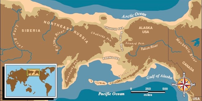 Map of East Russia and Alaska with an outline of Beringia.