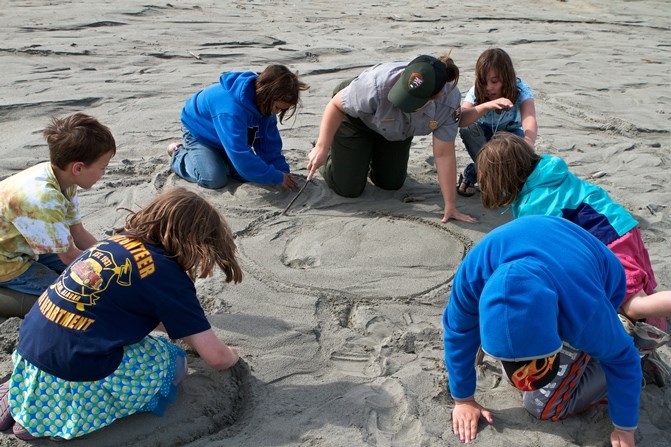 A park ranger and six students sit in a circle on the beach, drawing in the sand