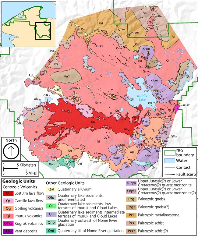 A geologic map portraying the multiple volcanic events of the Imuruk Volcanic Field.