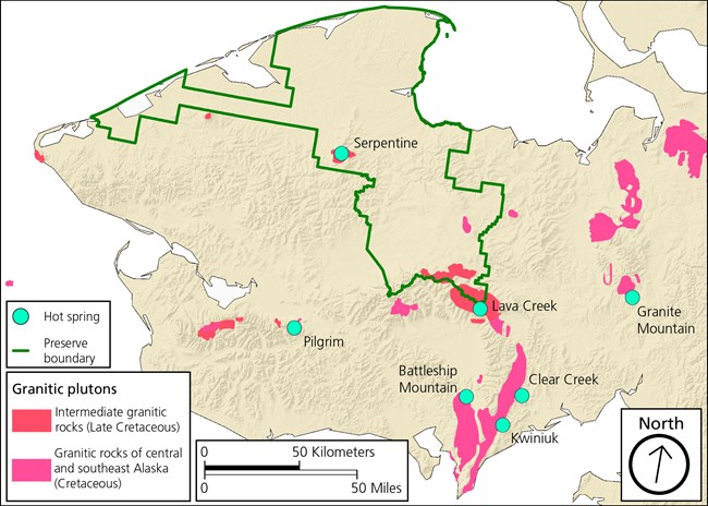 Map of hot springs and granitic plutons on the Seward Peninsula.