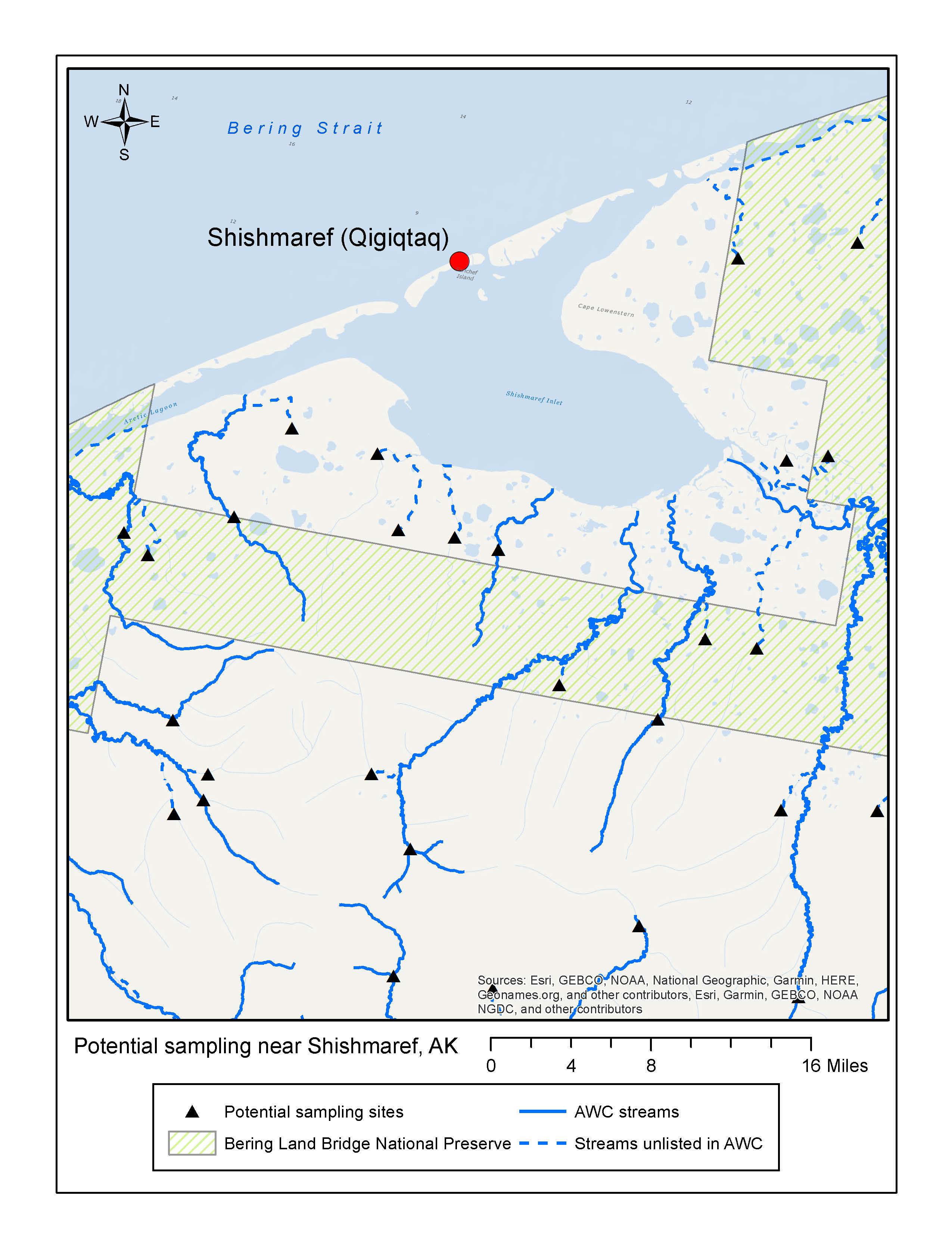 Potential sample sites near Shishmaref (Qigiqtaq), AK. A map of Shishmaref, Shishmaref lagoon and the western edge of Bering Land Bridge National Preserve. Sample sites among various rivers are marked with a small triangle.