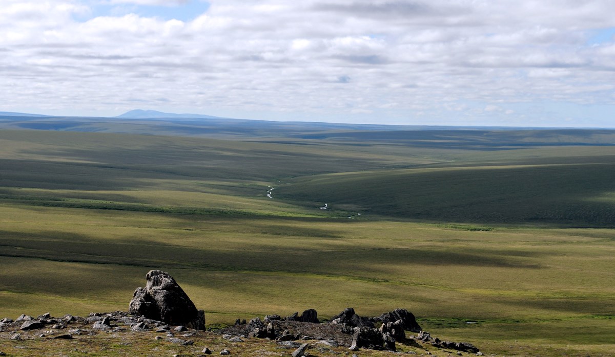 Tors rising from the ground before a vast expanse of green tundra. Tors rising from the ground before a vast expanse of green tundra.